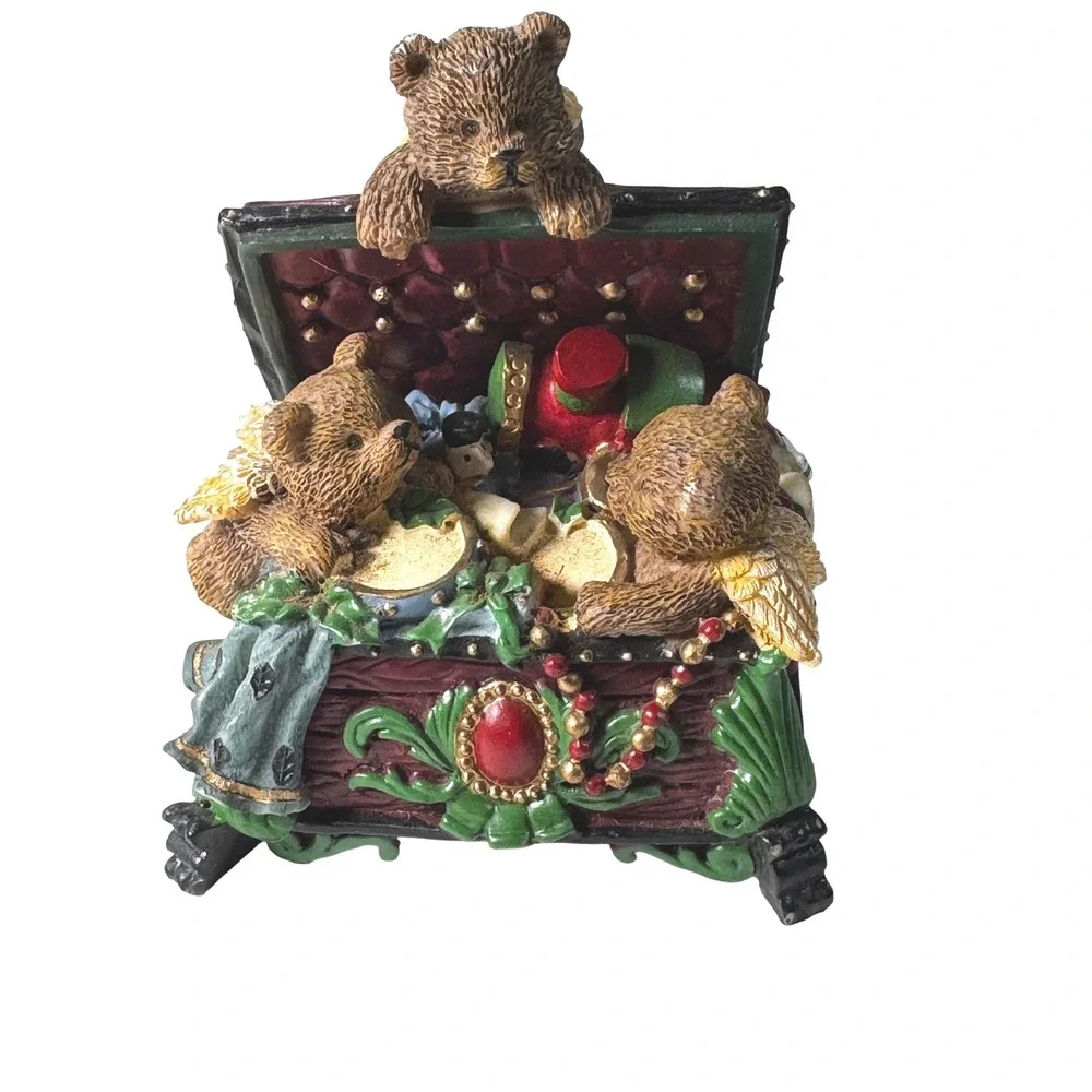 Adorable Teddy Bear Christmas‎ Treasure Chest Musical Trinket Box Figurine